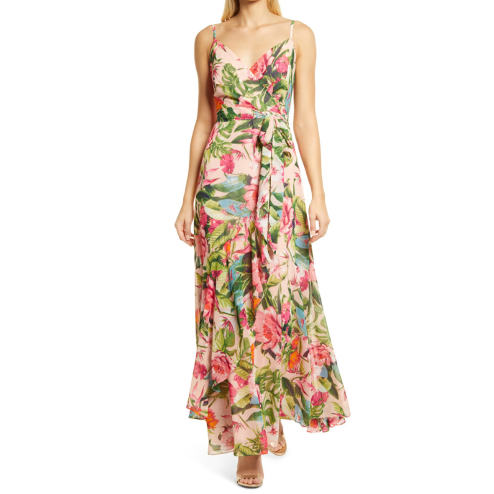 Eliza J Floral Ruffle Faux Wrap Maxi Dress Size 2 in Blush NEW WITH TAGS